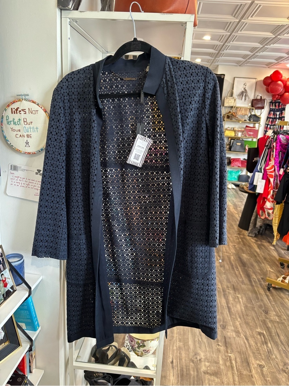 Elie Tahari Navy Eyelet Open Cardigan/duster